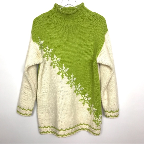 Express Sweaters - Vintage Express Tricot Wool Green/Ivory Sweater M